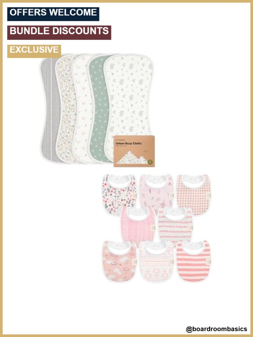 5-Pack Burp Cloths and 8-Pack Baby Bibs Set GOTS Certified Cotton